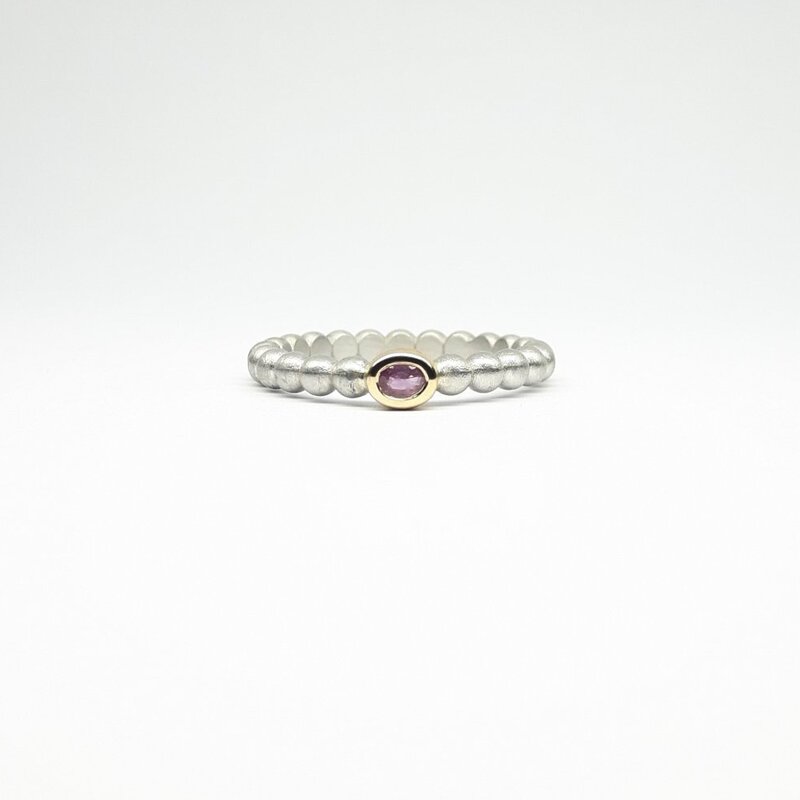 "round around", bague boules en argent 925/-, or jaune 18kt et tourmaline rose.