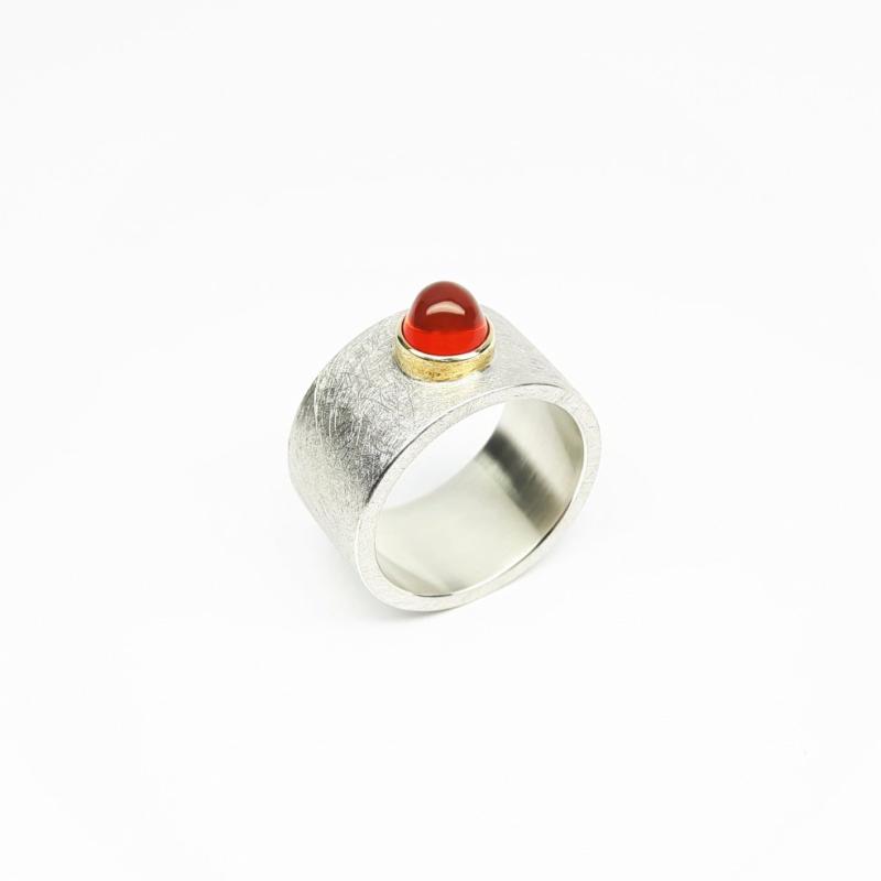 Bague en argent 925/- et or jaune 18kt avec opale de feu cabochon d:6mm 0,84ct