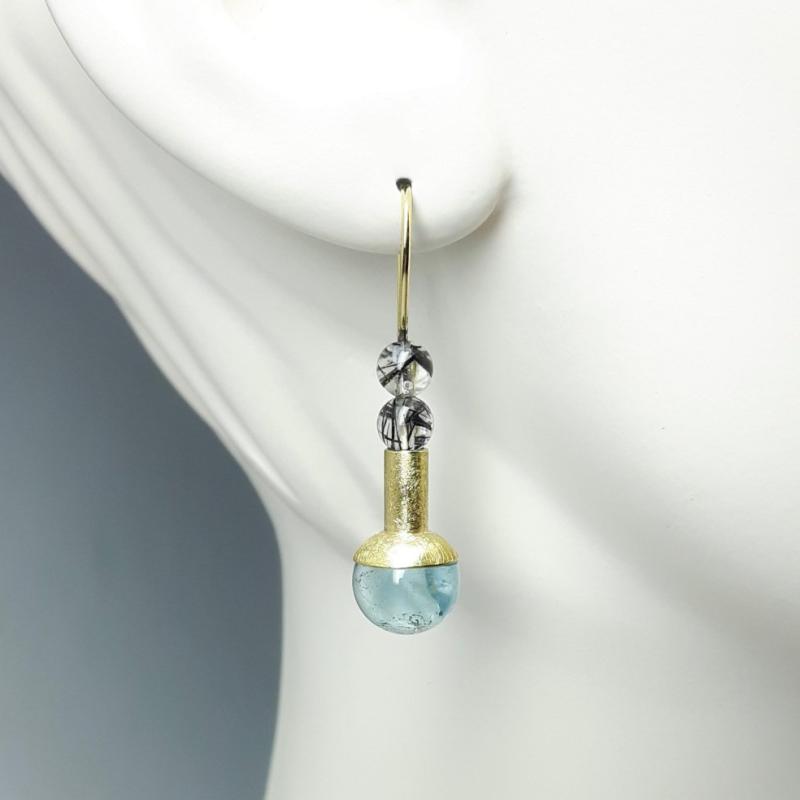 Boucles d'oreilles en or jaune 18kt, topaze et quartz tourmaline. Pièce unique.