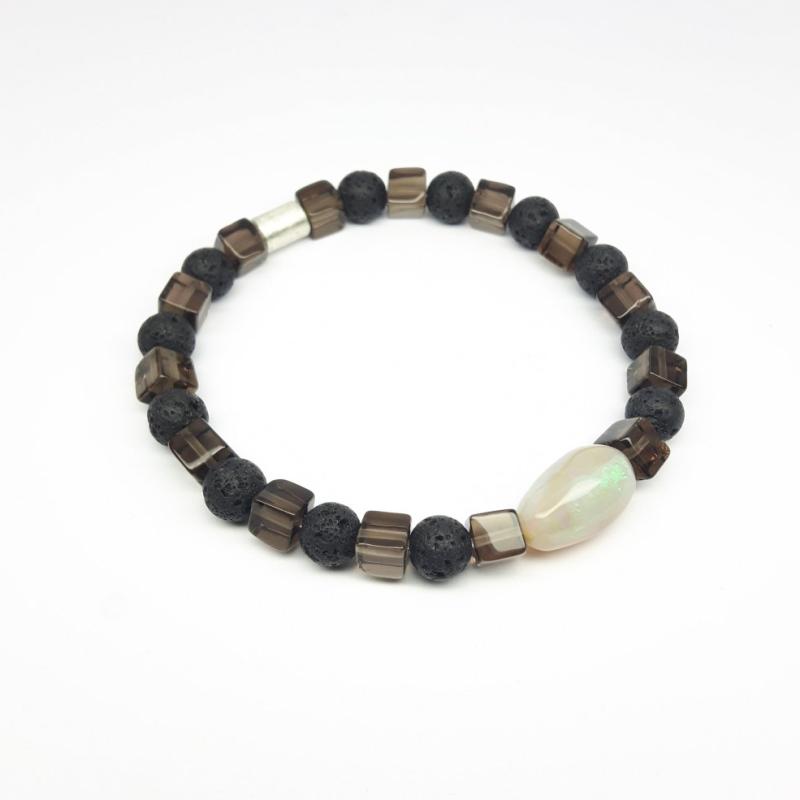 Bracelet en lave, quartz fumé, opale et argent 925/-. Pièce unique.
